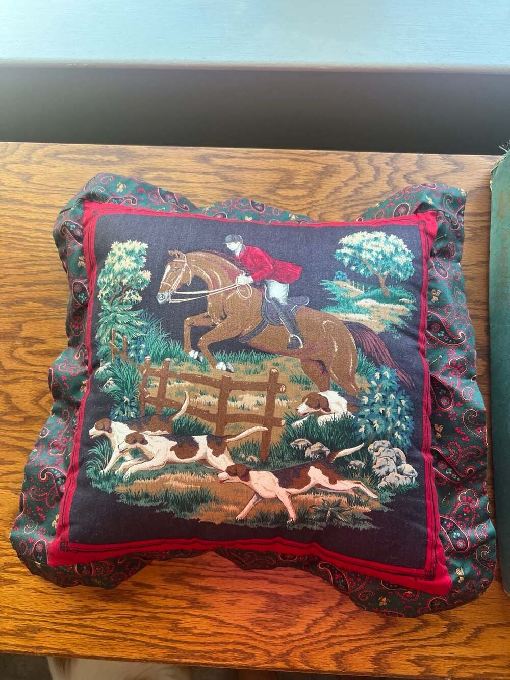 Vintage Equestrian Fox Hunt Decorative Throw Pillow Green Paisley Ruffle
